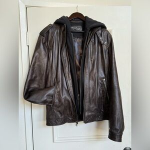 7 Diamonds Genuine Leather Jacket with Removable Hood, Brown, XL